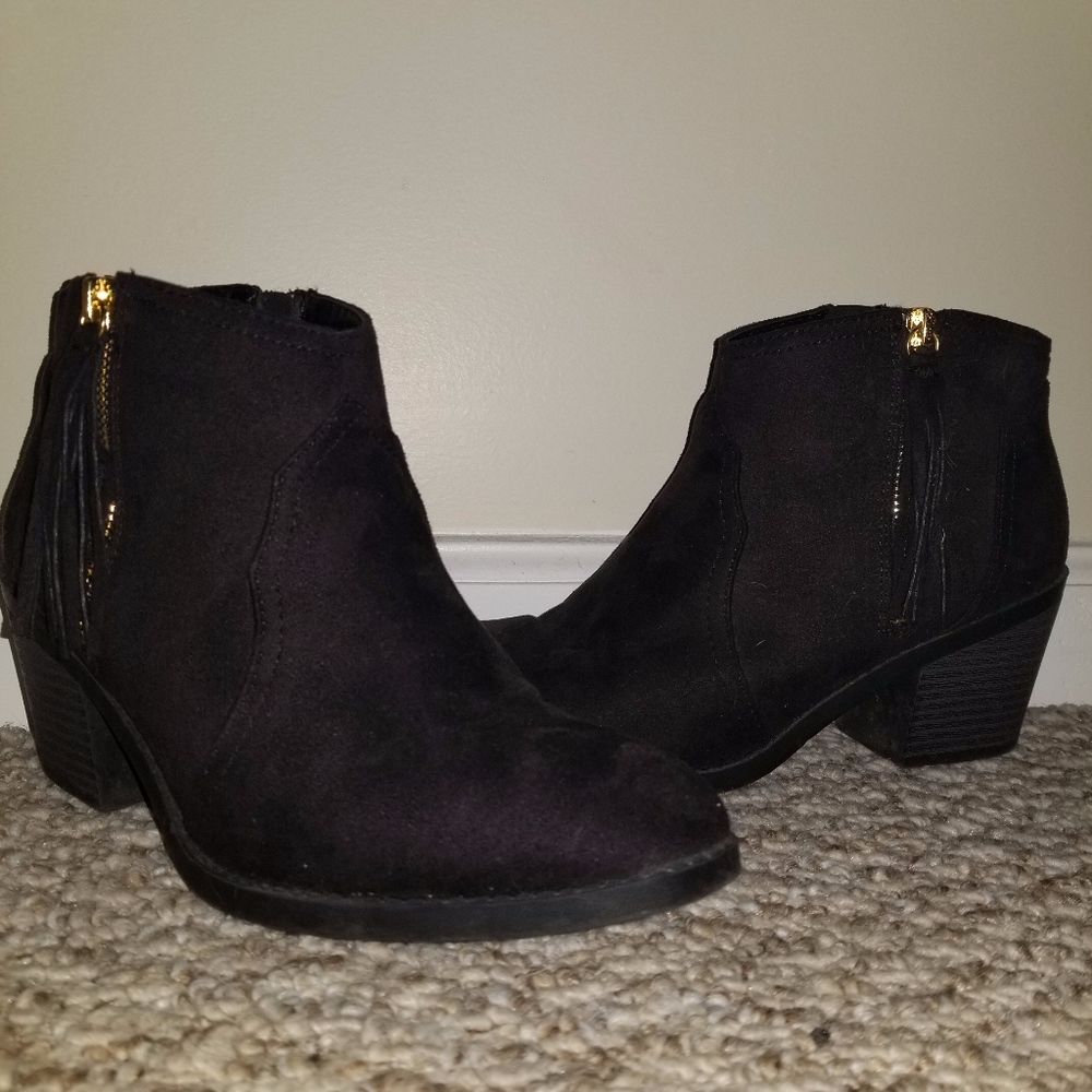 Black Suede Booties with Fringe Detail Zipper